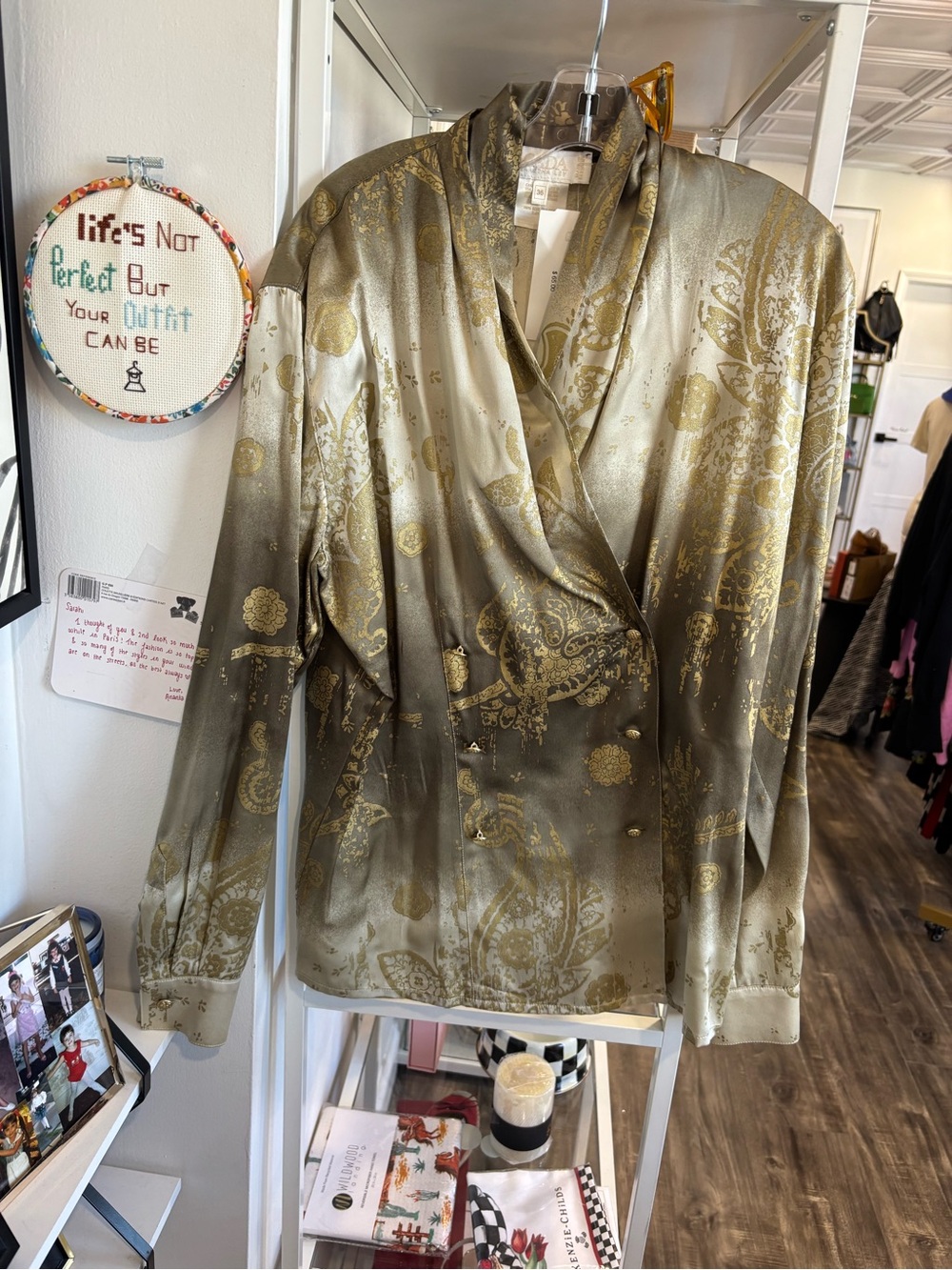 Escada vintage Gold Paisley Satin Wrap-Style Blouse
